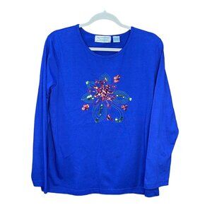 Poinsettia Xmas Tshirt Blue Sequin Embroidered Shenanigans Large Bling Glam Cozy
